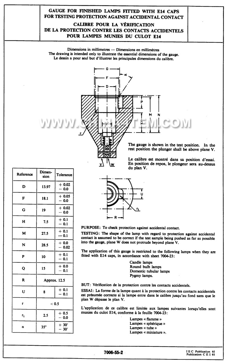 Gauge for Finished Lamps Fitted with E14 Caps for Testing Protection Against Accidental Contact